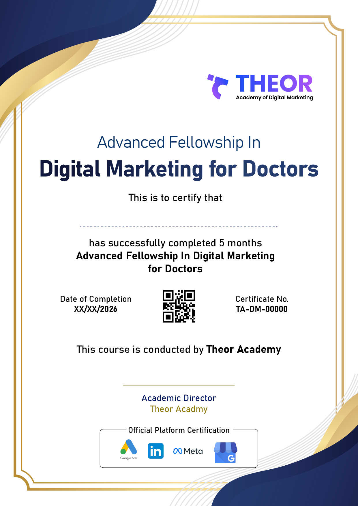 Theor Academy Advanced Fellowship in Digital Marketing for Doctors — sample certificate