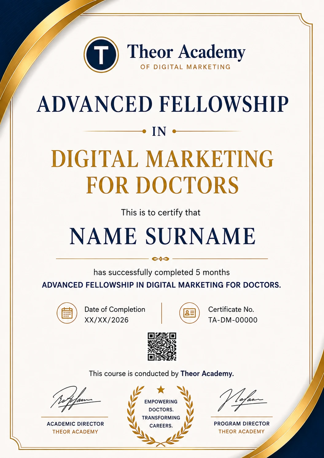 Theor Academy Advanced Fellowship in Digital Marketing for Doctors — sample certificate
